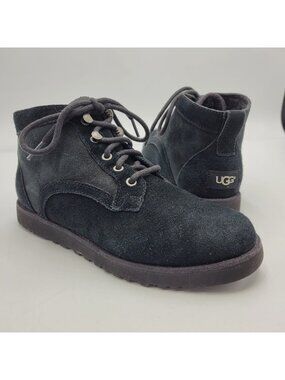 Ugg Bethany Suede Ankle Boots Size Women's 7.5 Black Leather Booties Lace Up